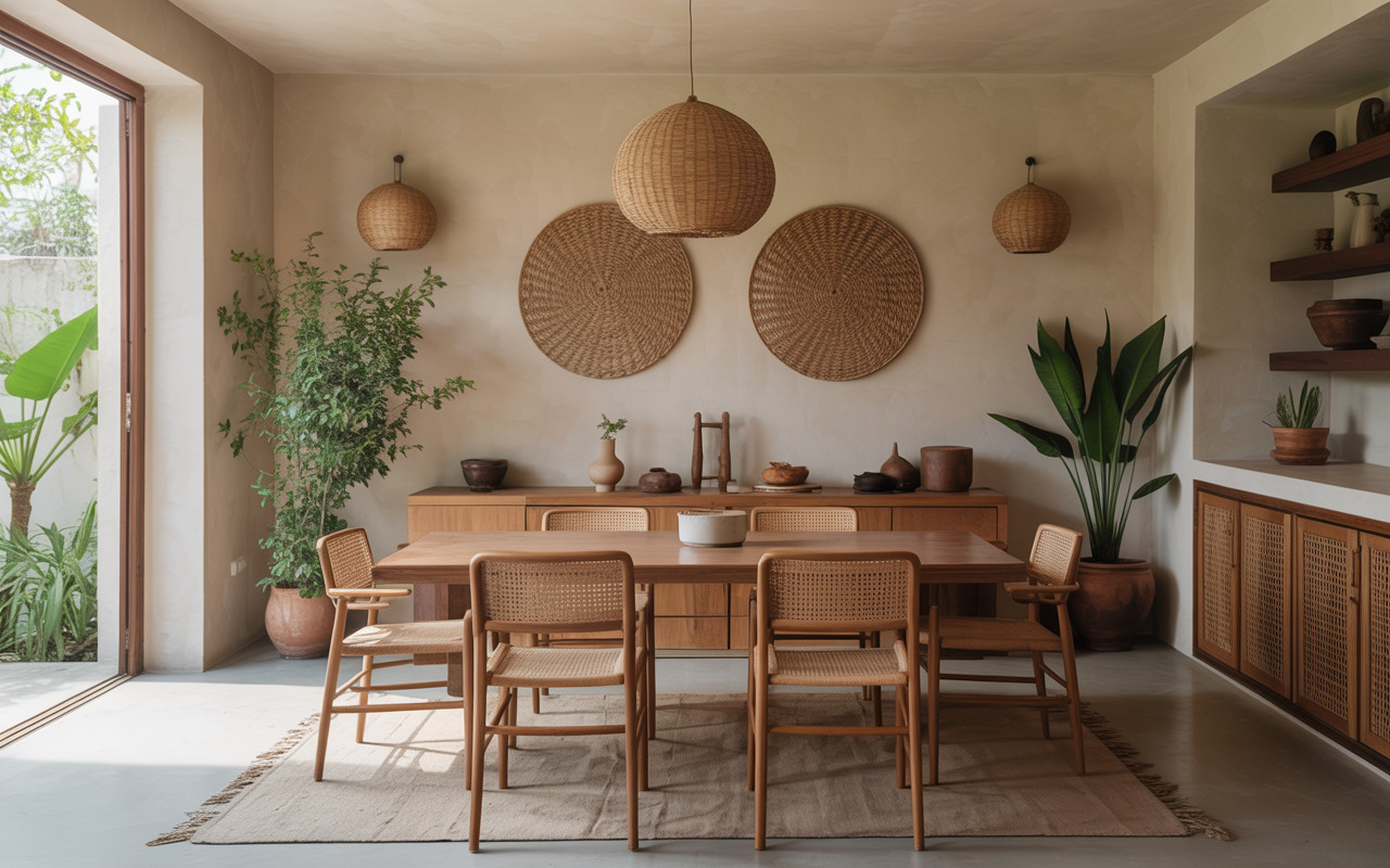 Natural eco-friendly interiors kolkata dining room with plants and woven decor