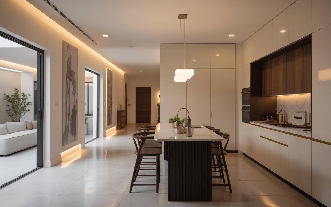 Sleek smart home interiors kolkata kitchen with island and ambient lighting