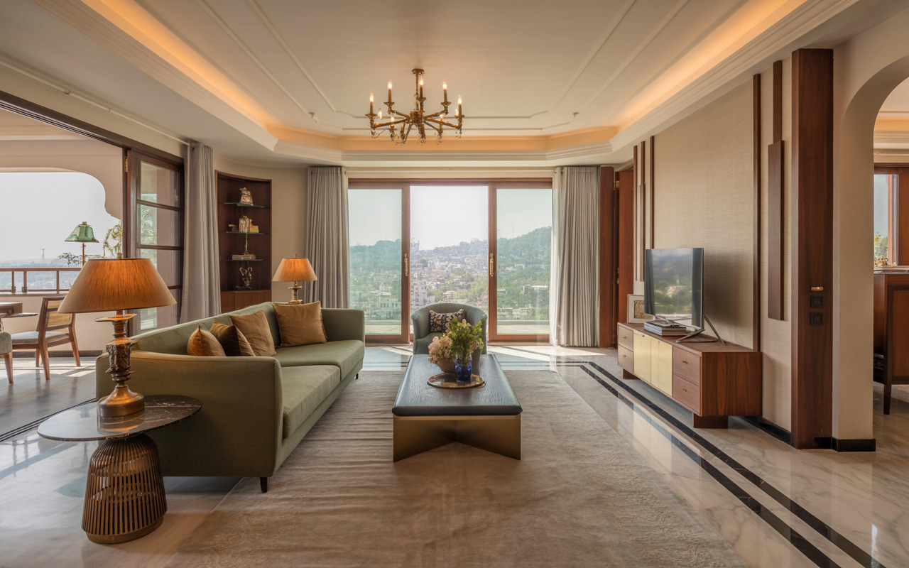 Elegant luxury home design kolkata living room with city view and classic decor