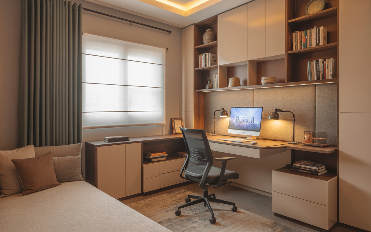 Stylish home interior design kolkata workspace with built-in shelves and soft lighting