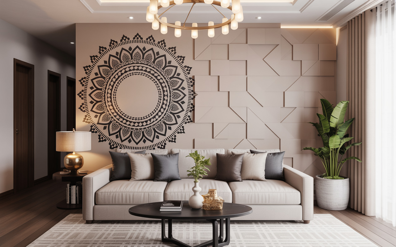 Elegant vastu interior kolkata living room with mandala mural and geometric wall