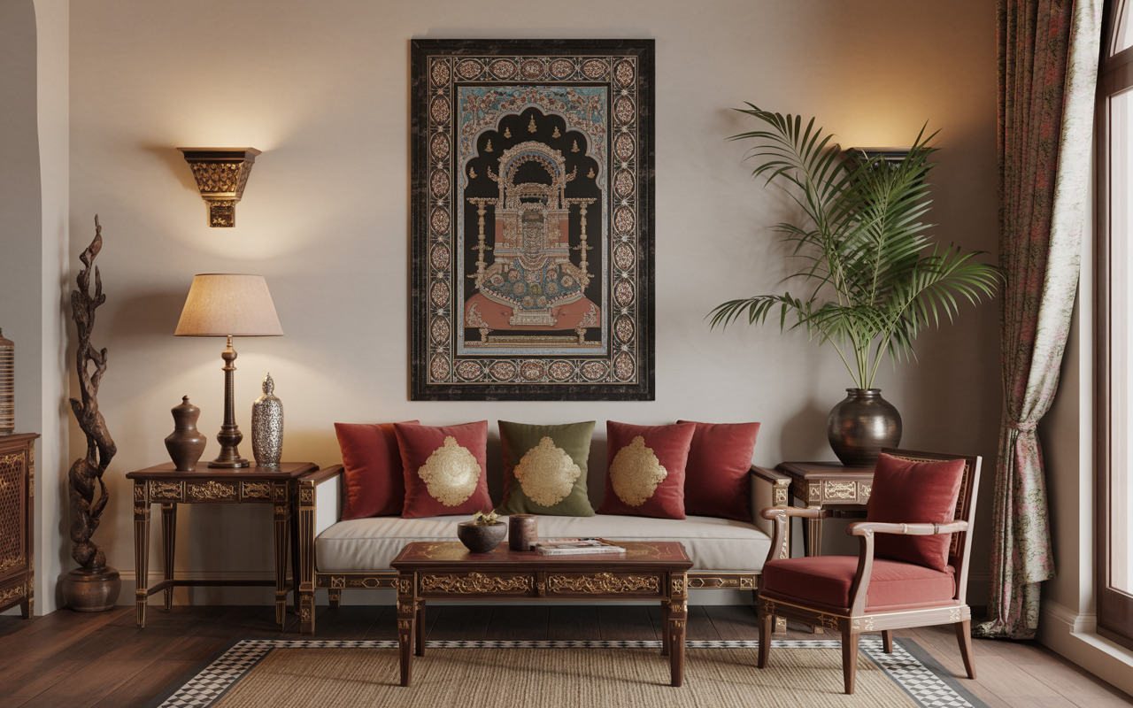Elegant traditional interiors Mysore with carved wood furniture and ethnic artwork