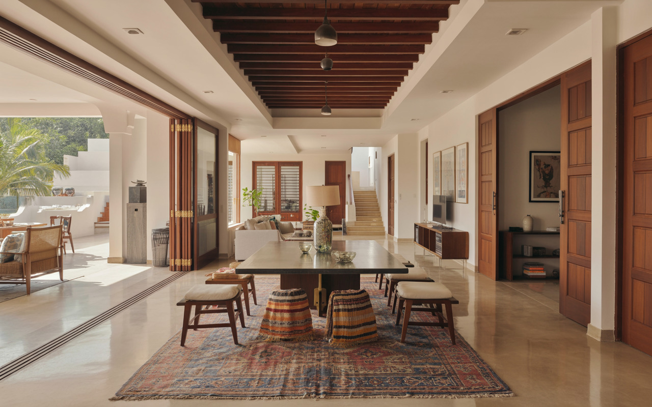 Spacious home interior design Mysore with open layout and traditional accents