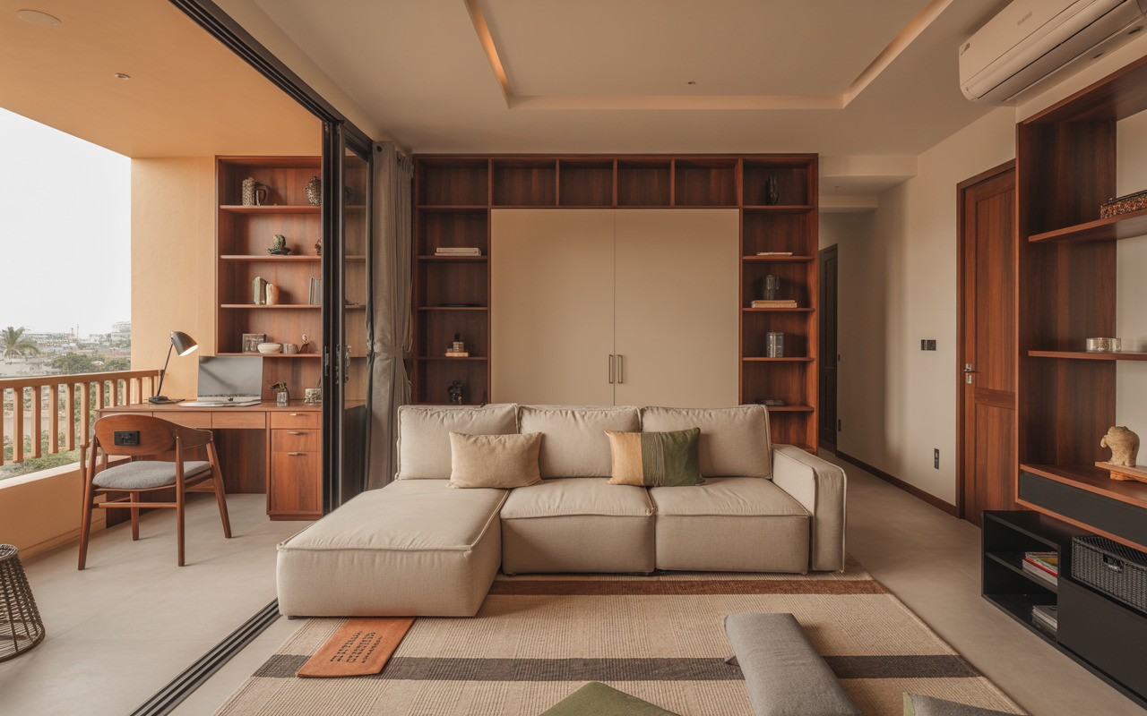 Cozy smart home interiors Mysore with sofa, study desk, and wooden bookshelf