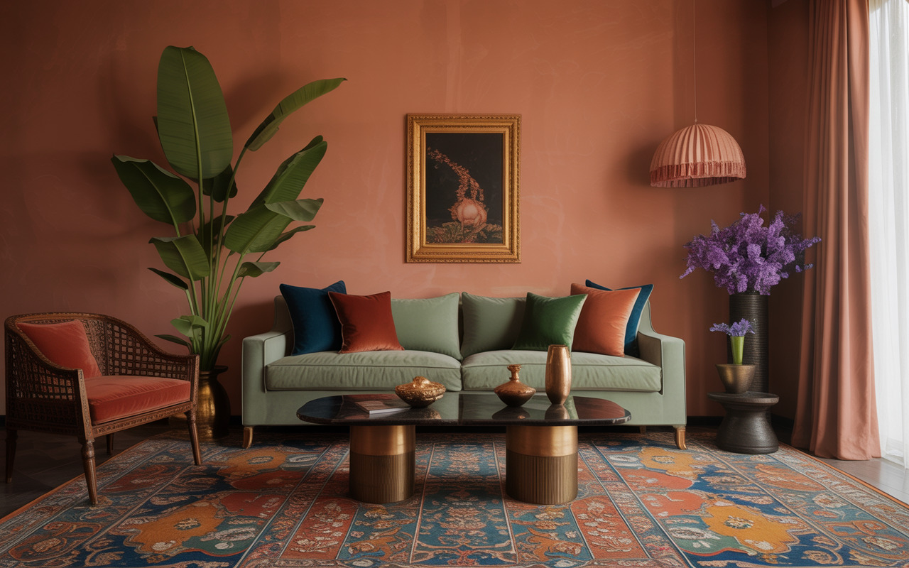 Vibrant ethnic decor ideas Mysore with bold wall colors and artistic accents