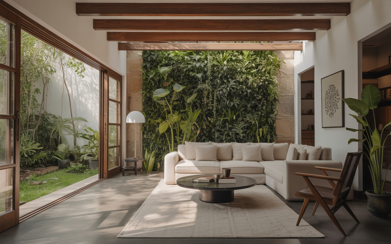 Stylish eco-friendly interiors Mysore with vertical garden and wood beams