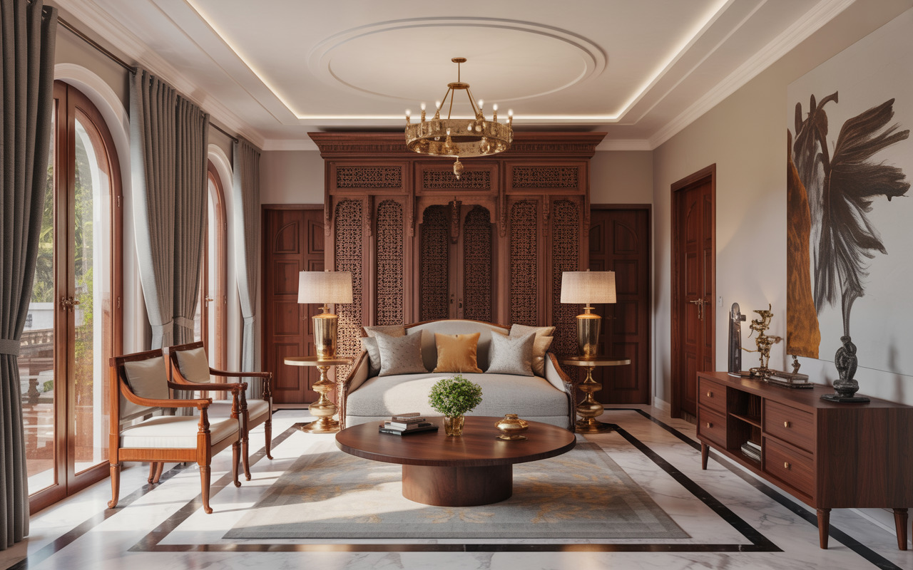 Classic traditional interiors Mysore setup with carved wood and regal accents
