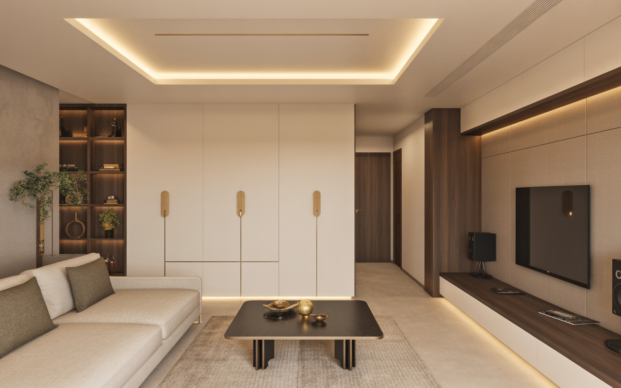 Minimal smart home interiors Mysore with neutral palette and integrated tech setup