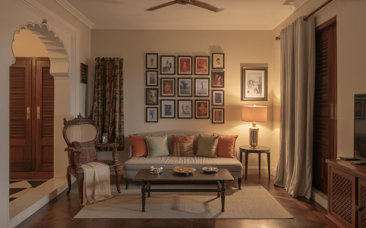 Elegant traditional interiors Mysore with art wall and vintage wooden furniture