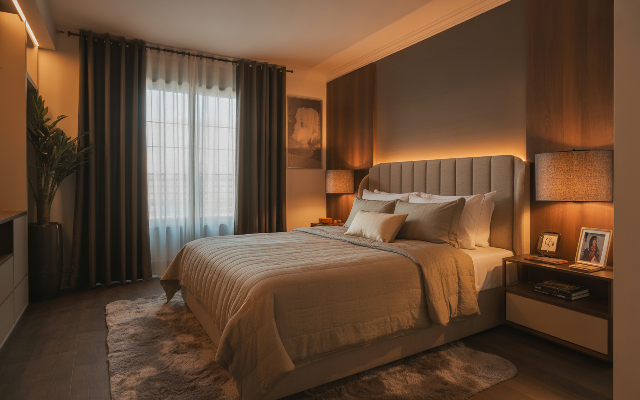Elegant interior designers in vizag styled modern bedroom with warm lighting and luxury decor