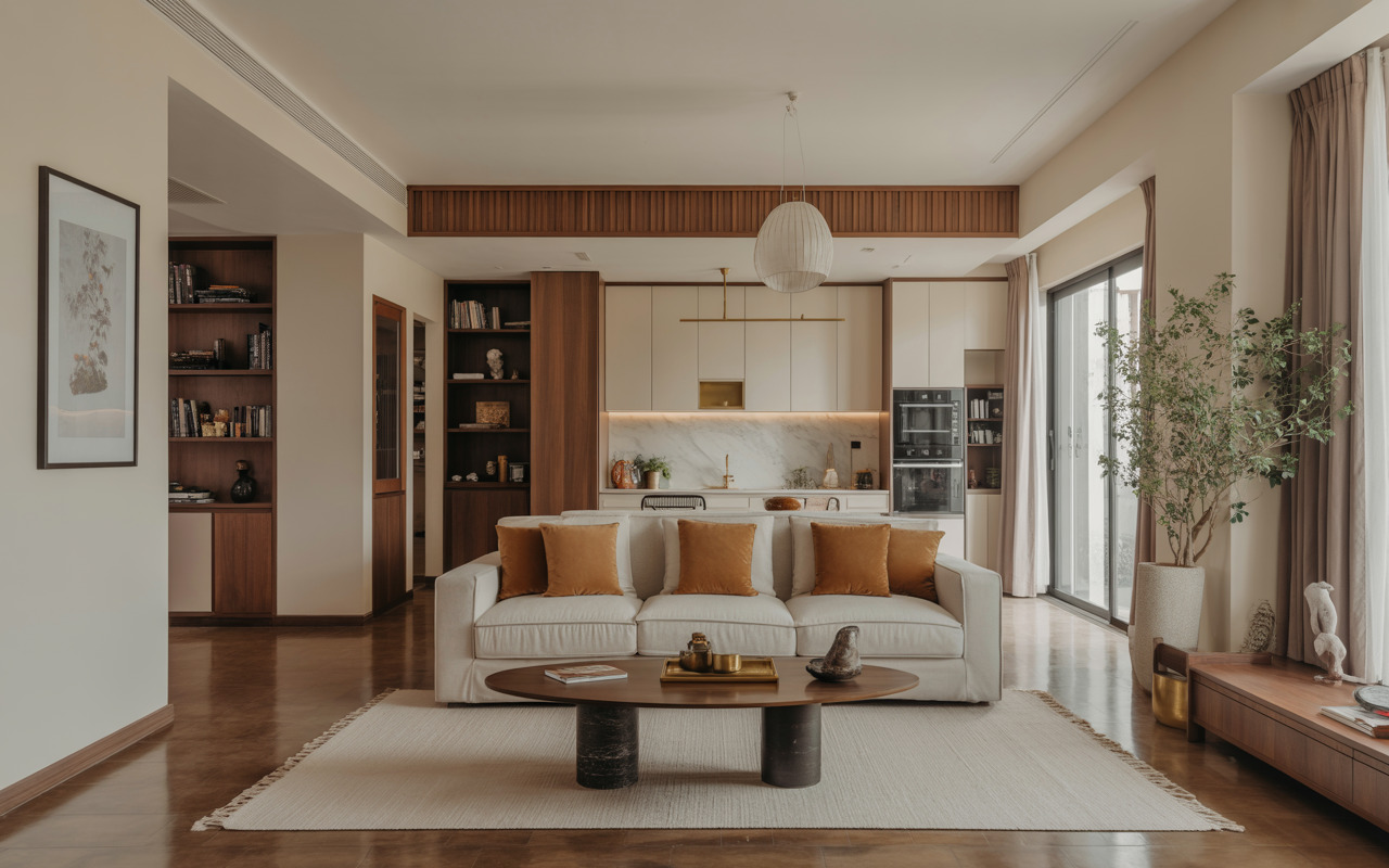 Stylish interior designers in vizag created open living room with kitchen and luxury details