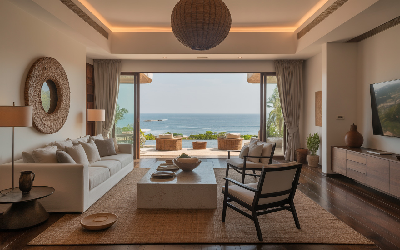 Coastal interior designers in vizag styled modern living room with sea view and luxury decor