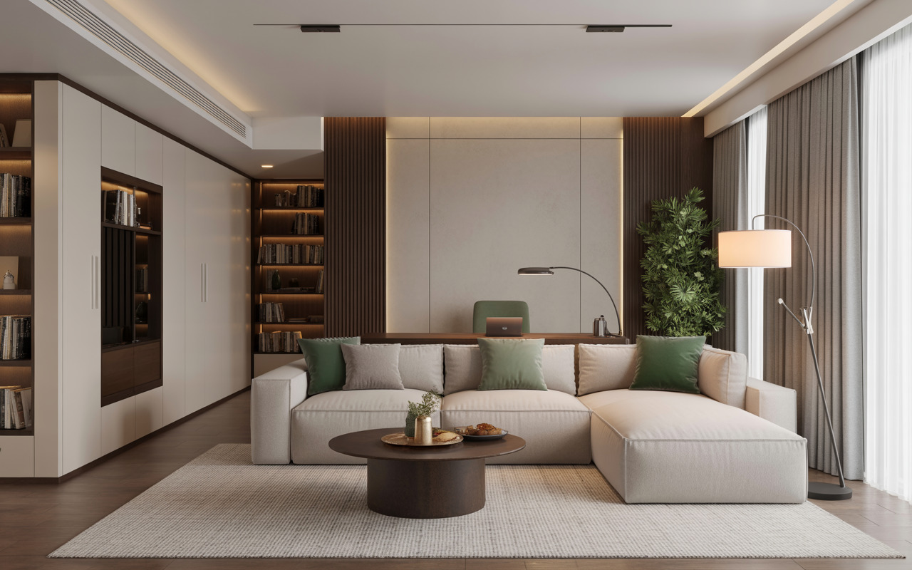 Sophisticated interior designers in vizag styled modern living room with smart home office