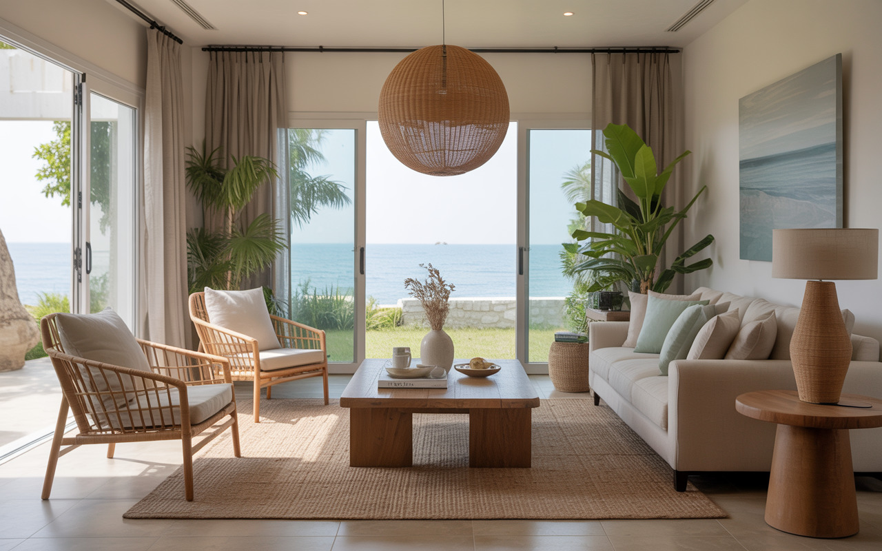 Serene interior designers in vizag styled coastal living room with rattan furniture and sea view