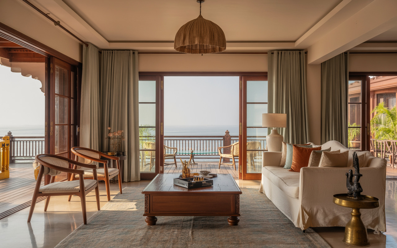 Elegant interior designers in vizag crafted coastal living room with sea view and modern charm