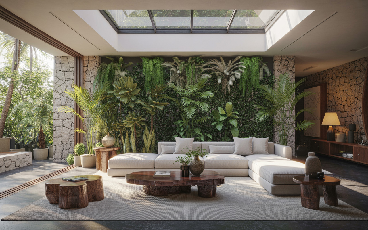 Nature-inspired interior designers in vizag created modern living room with green wall décor