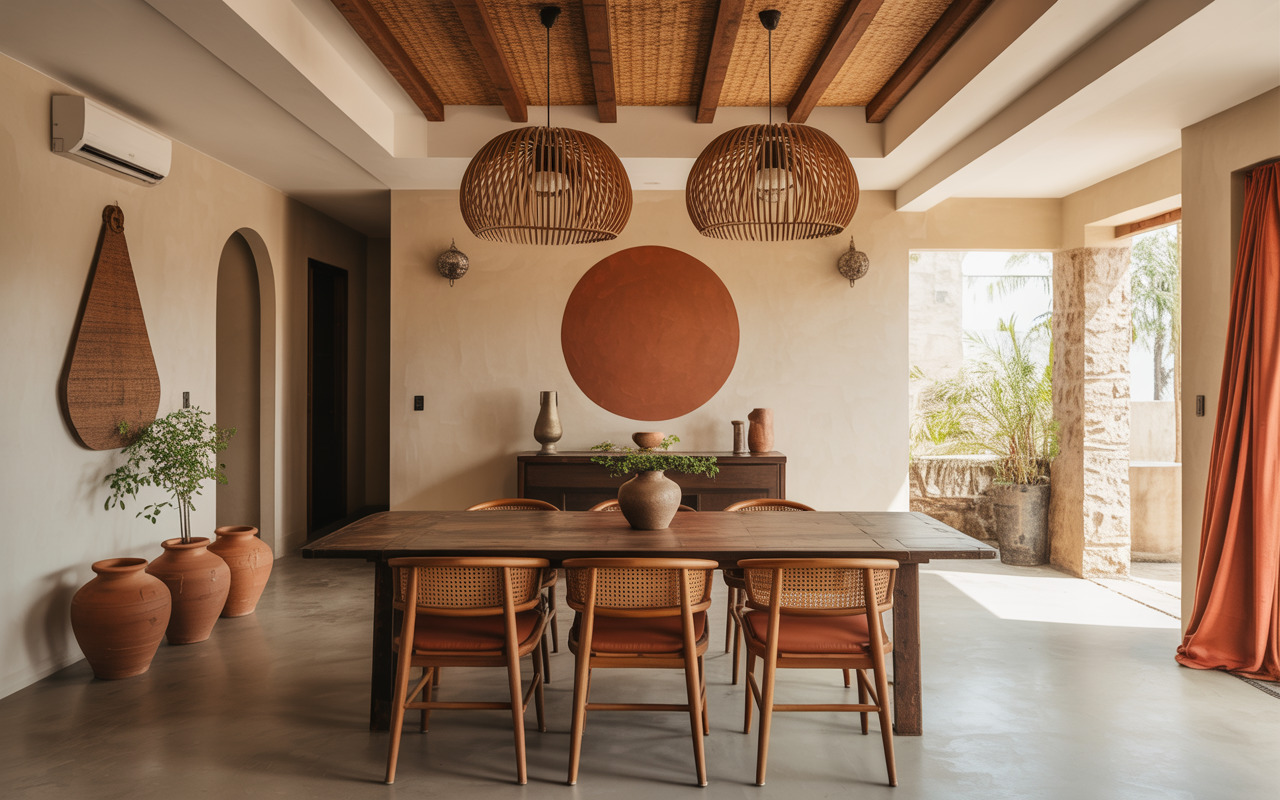 Stylish interior designers in vizag created modern dining room with terracotta and cane décor