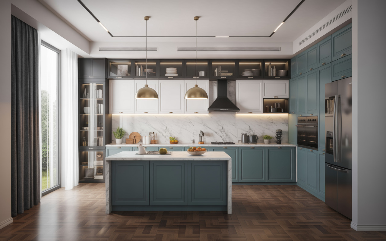 Contemporary interior designers in vizag styled modular kitchen with island and smart storage