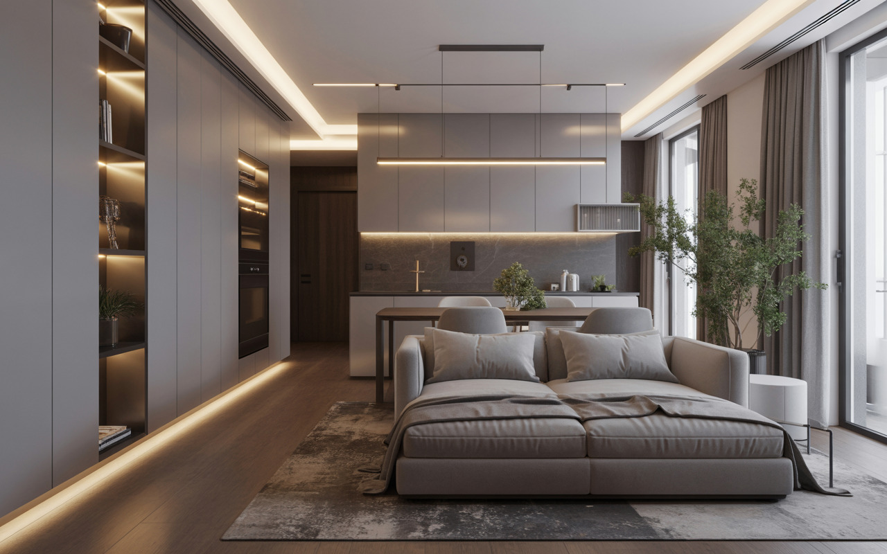 Contemporary interior designers in vizag styled modern open living room with modular kitchen