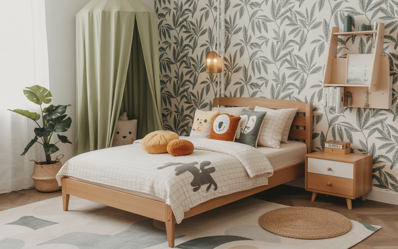 Nature-inspired kids bedroom interior design with leafy wallpaper, canopy, and cozy bed
