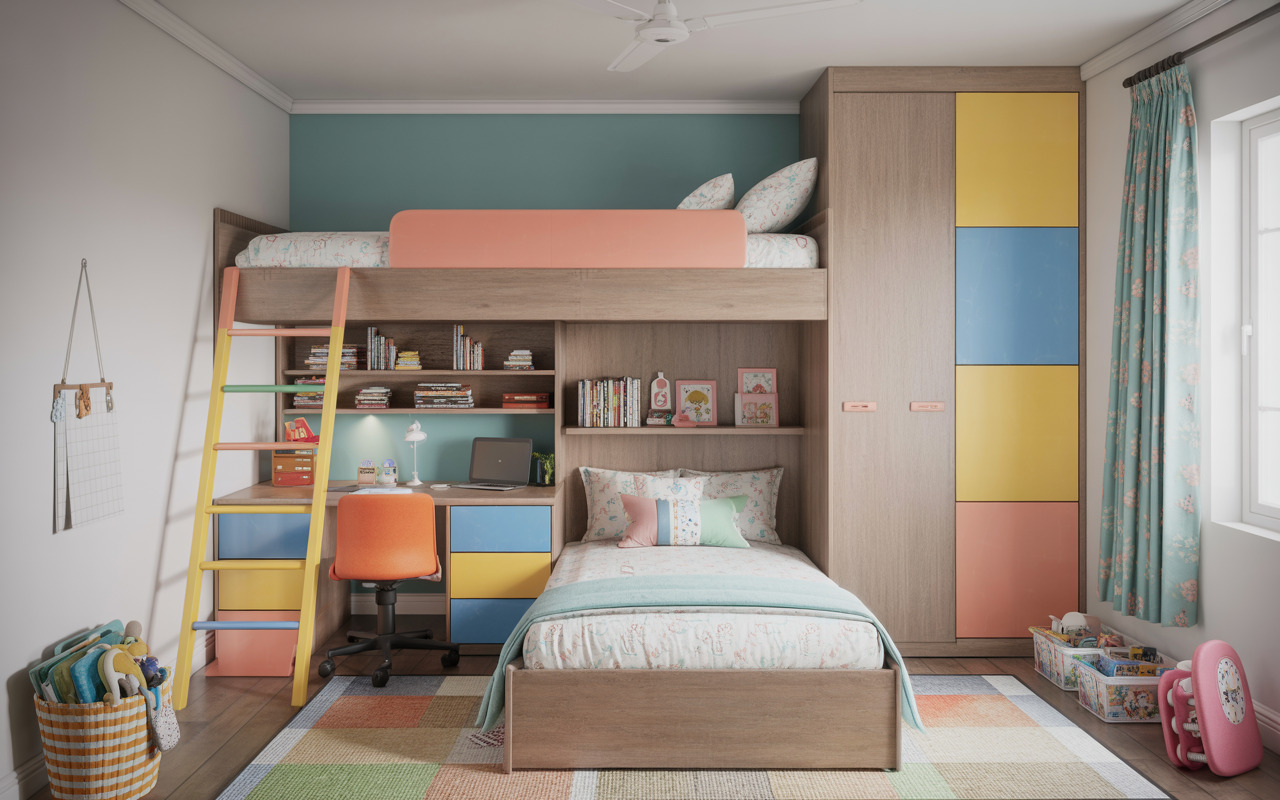 Colorful kids bedroom interior design with bunk bed, study desk, and smart storage