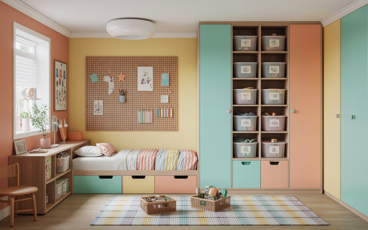 Colorful kids bedroom interior design with smart storage units, study desk, and cozy bed