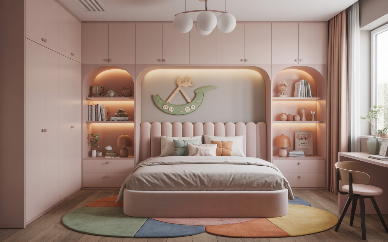 Elegant kids bedroom interior design with pastel pink storage, study desk, and cozy bed