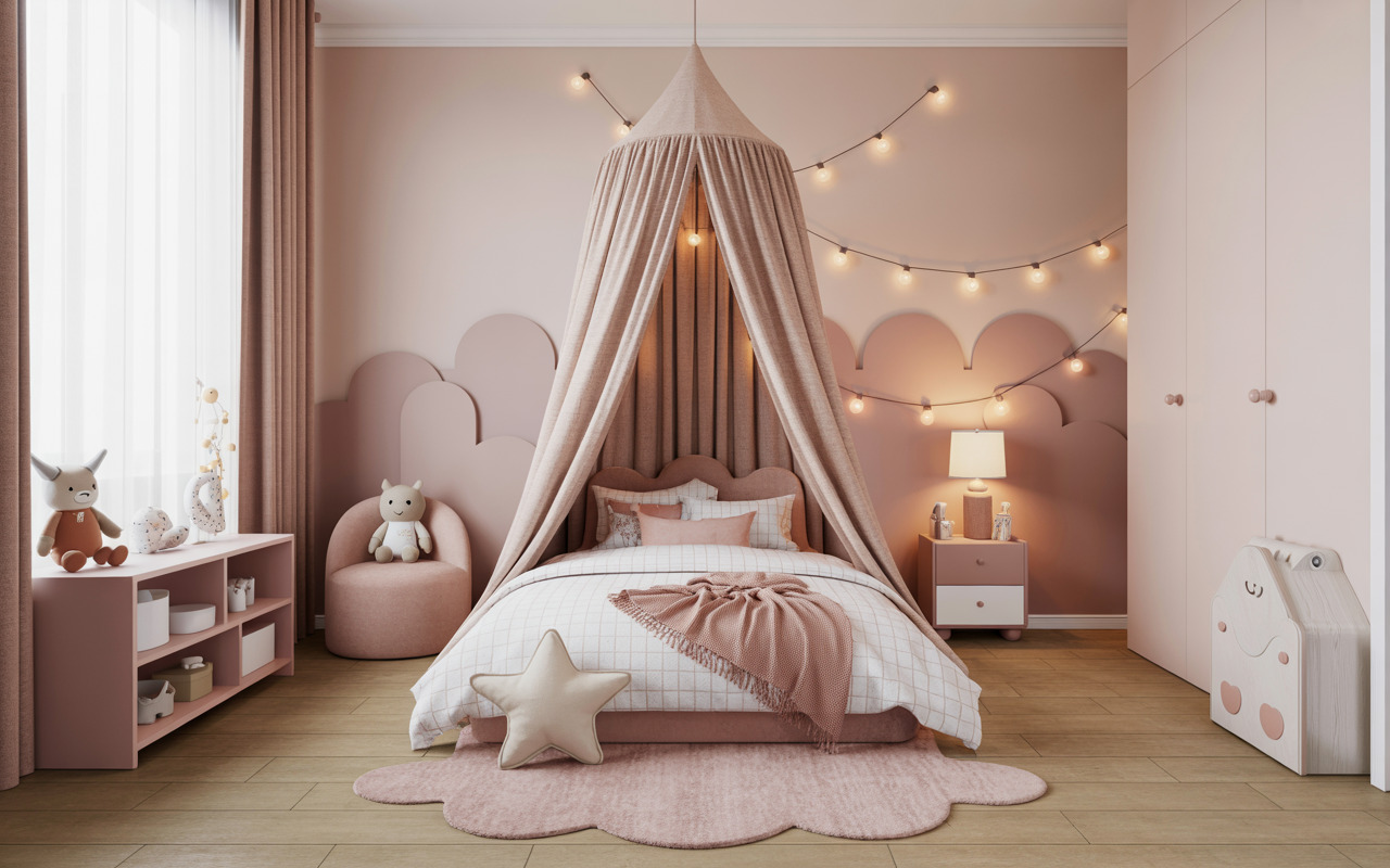 Dreamy kids bedroom interior design with canopy bed, fairy lights, and pastel pink décor