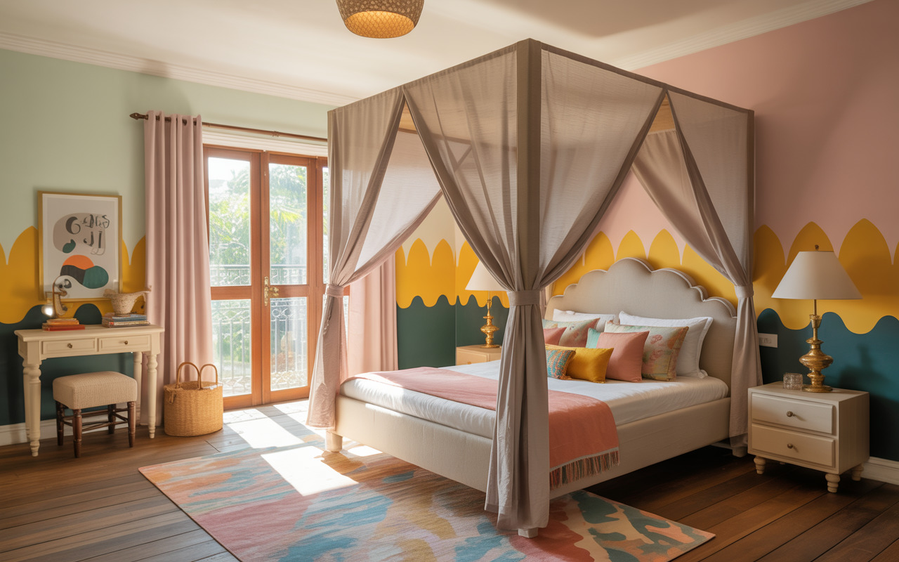Elegant kids bedroom interior design with pastel walls, canopy bed, and stylish storage