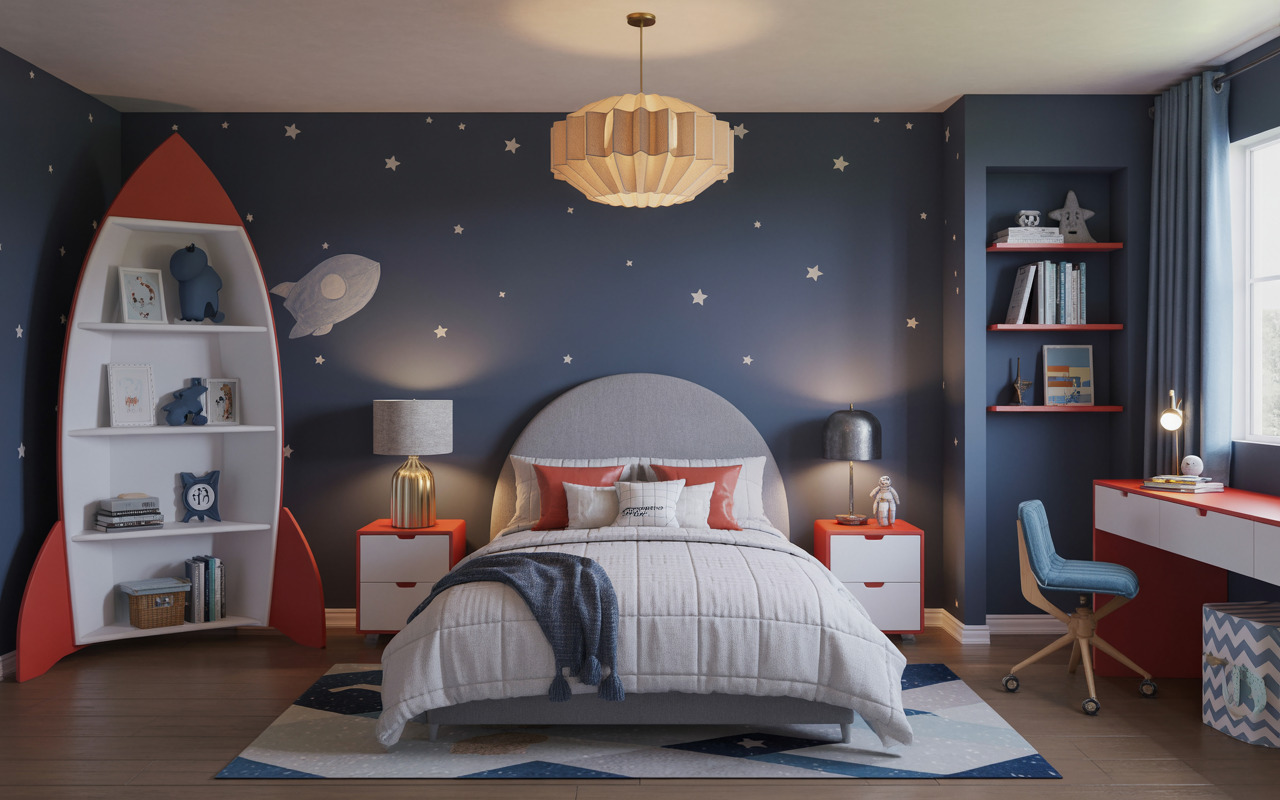 Space-themed kids bedroom interior design with rocket shelves, star walls, and study desk