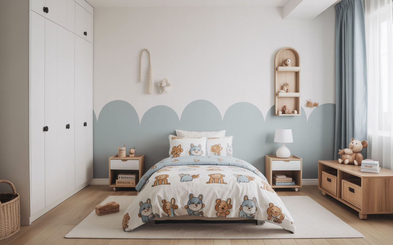 Playful kids bedroom interior design with cartoon bedding, pastel walls, and smart storage