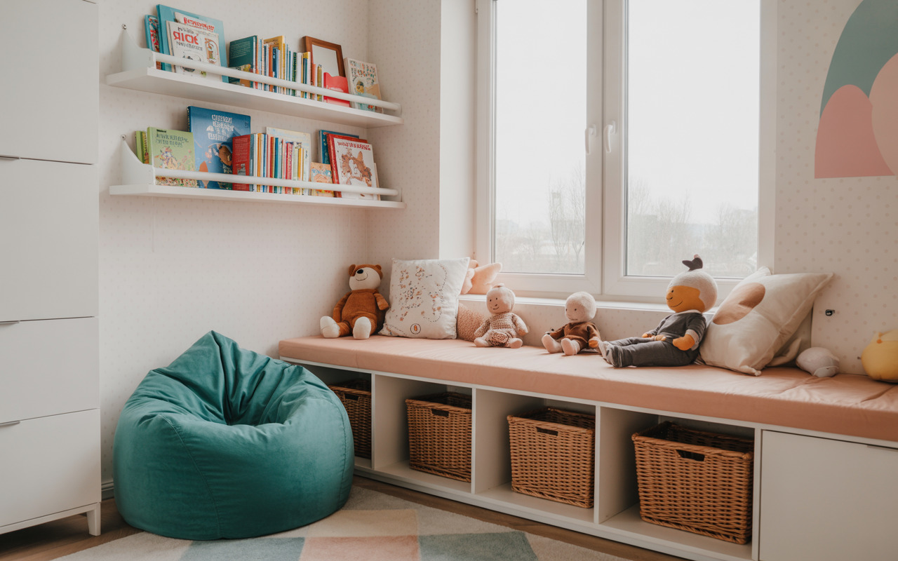 Cozy kids bedroom interior design with reading nook, storage baskets, and plush toys