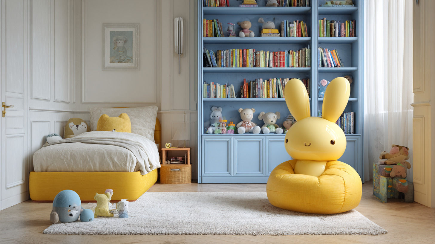 Playful kids bedroom interior design with yellow accents, bookshelf, and cozy reading nook