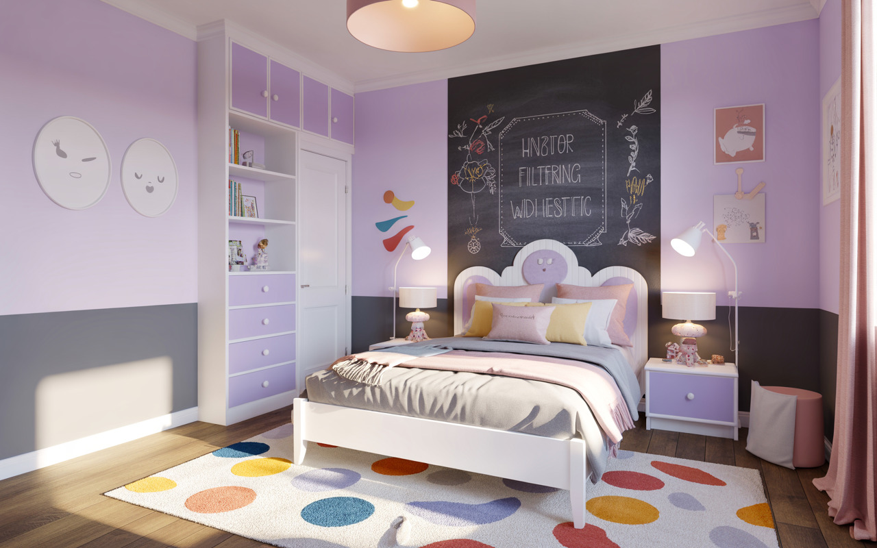 Playful kids bedroom interior design with lavender walls, chalkboard, and cozy decor