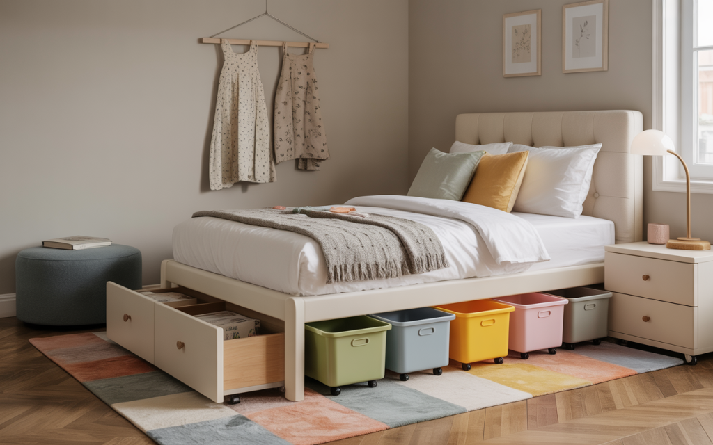 Organized stylish small kids bedroom design with books and rainbow storage bins