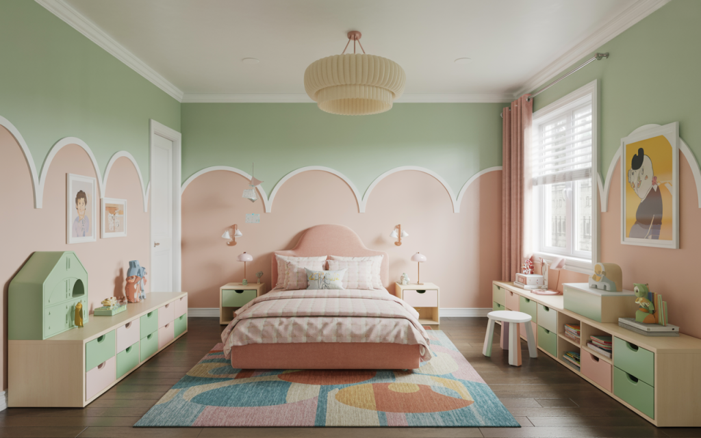Playful small kids bedroom decoration ideas with bookshelves and pastel colors