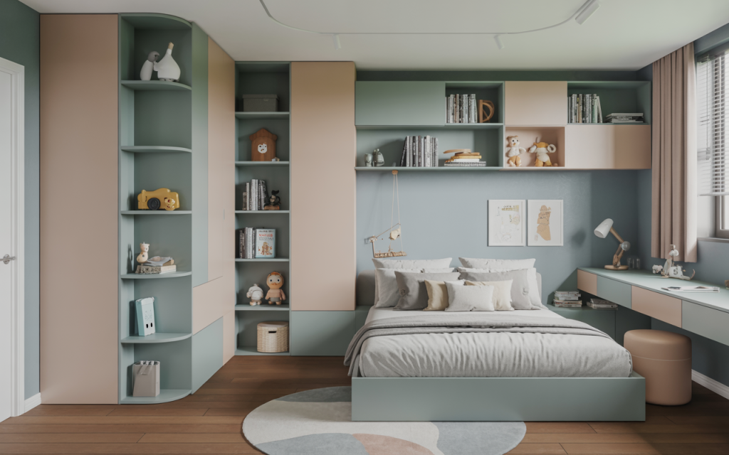 Organized small kids bedroom interior design with bookshelf and study space