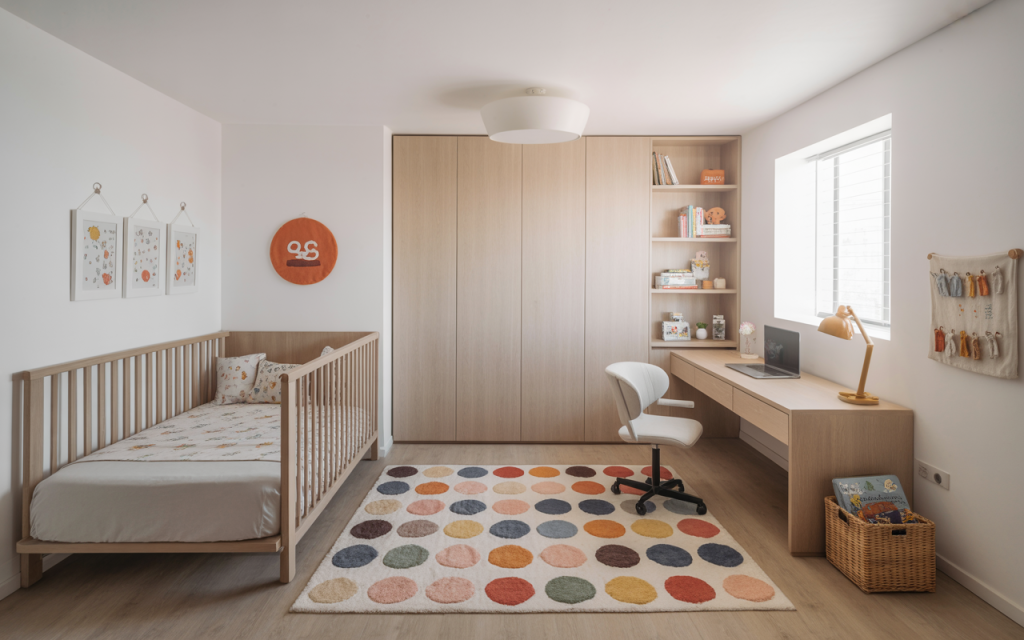 Cozy small kids bedroom interior design with crib, desk, books, and polka rug