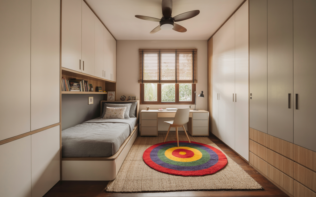 Cozy modern small kids bedroom design with rainbow rug and built-in bookshelves