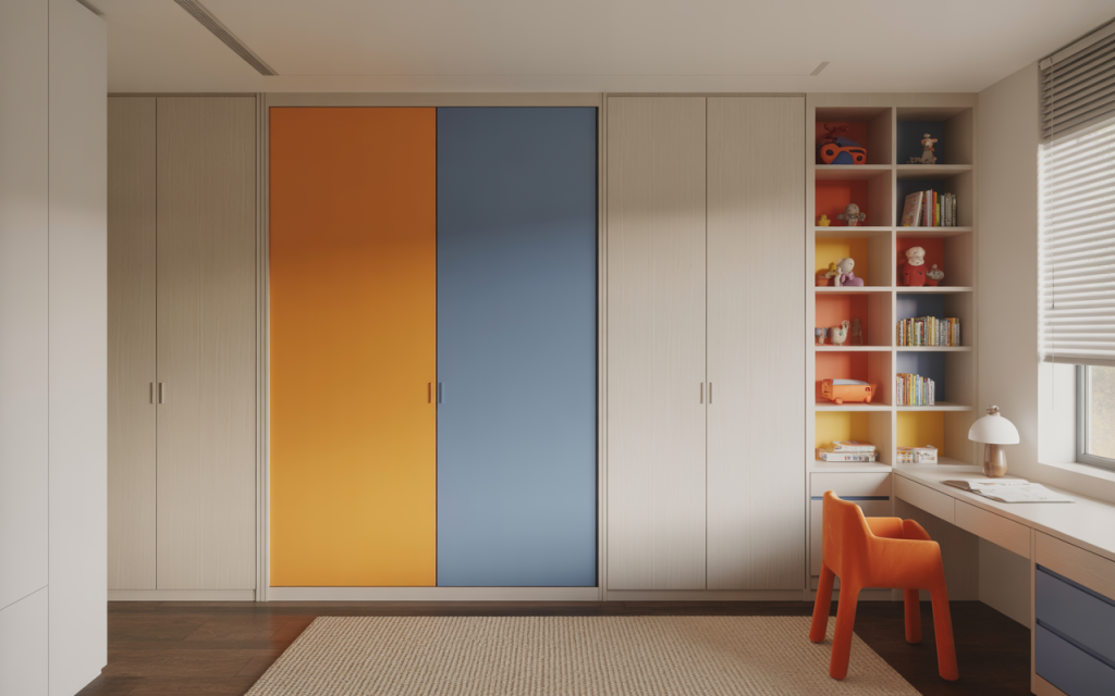 Bright modern small kids bedroom design with study desk and bold wardrobe colors