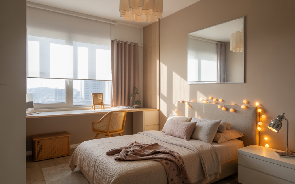 Minimalist simple and small kids bedroom design with study desk and warm lighting