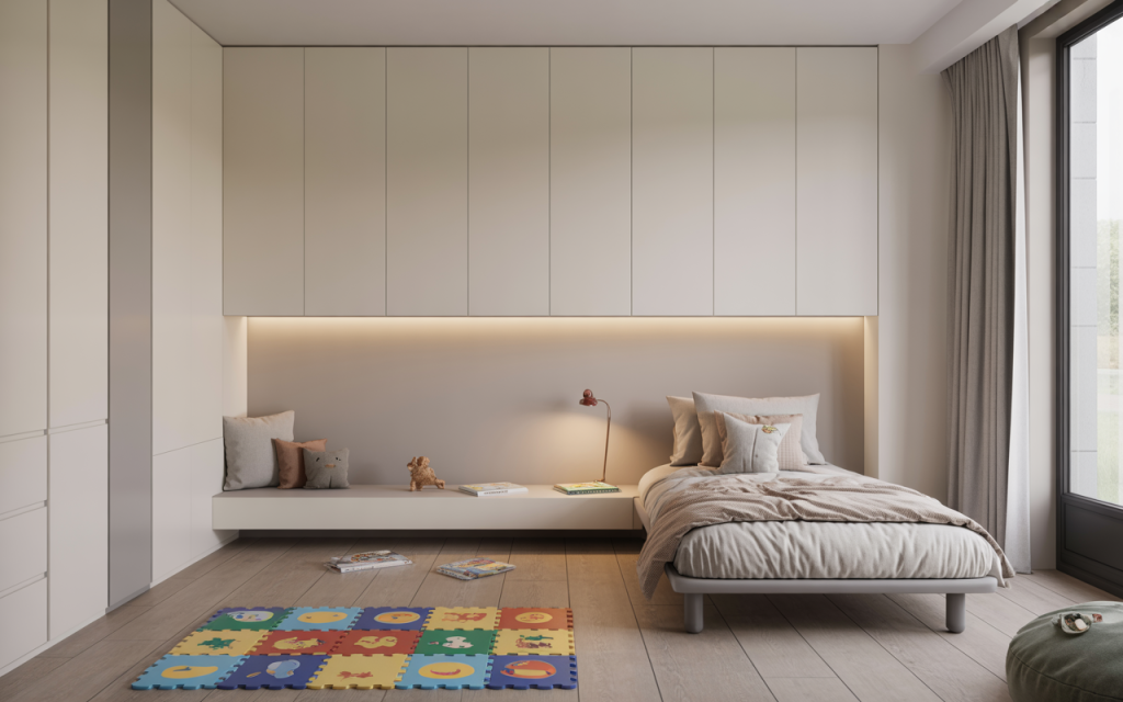 Minimal simple and small kids bedroom design with play mat and cozy reading bench