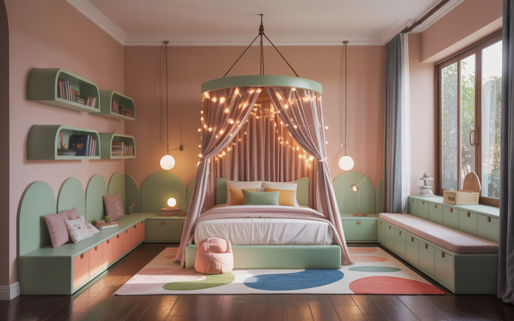 Modern small kids bedroom design with pastel tones and smart storage