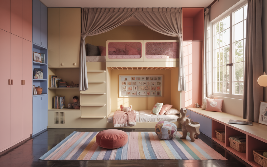 Colorful stylish small kids bedroom design with books, bunk bed, and play rug