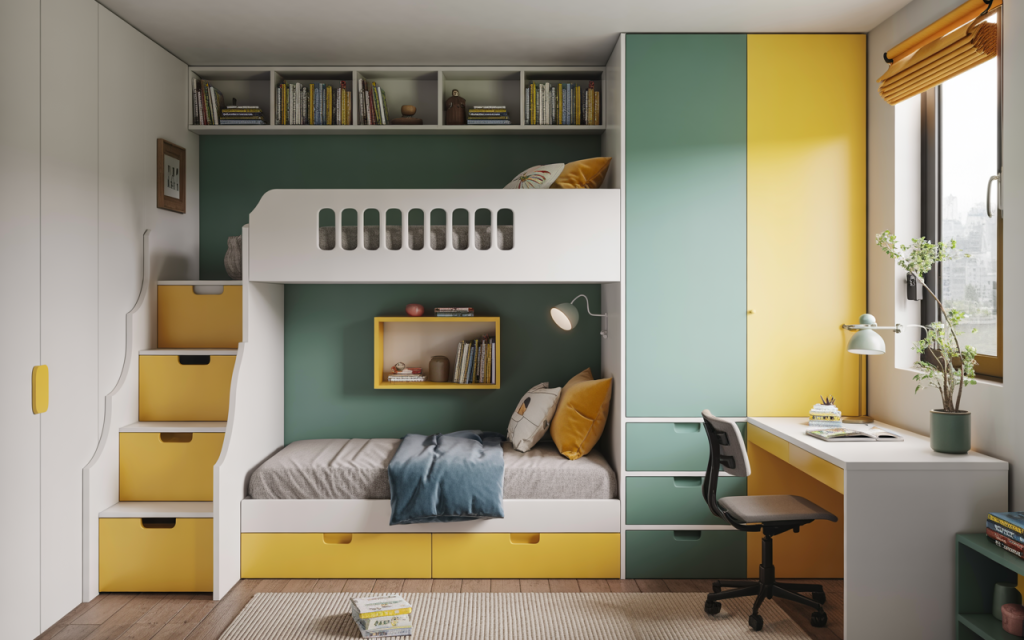 Vibrant latest small kids bedroom design with bunk bed and bookshelf storage