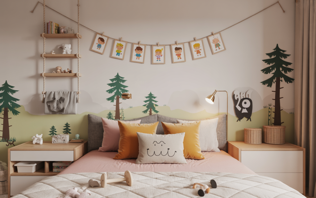 Whimsical small kids bedroom decoration ideas with rope shelf and wall art