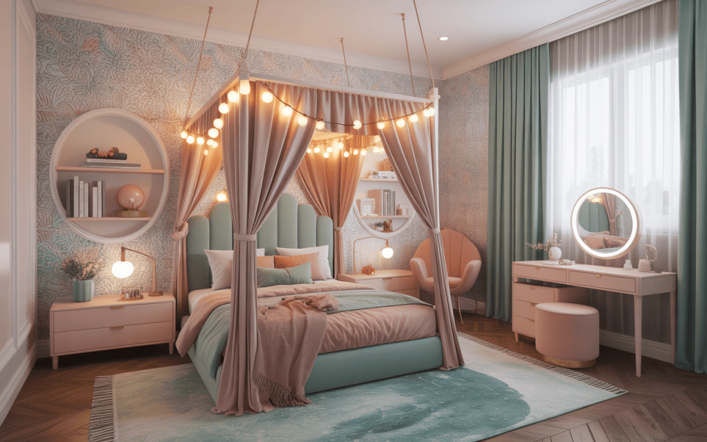 Chic modern kids bedroom design for girl with canopy bed and pastel decor
