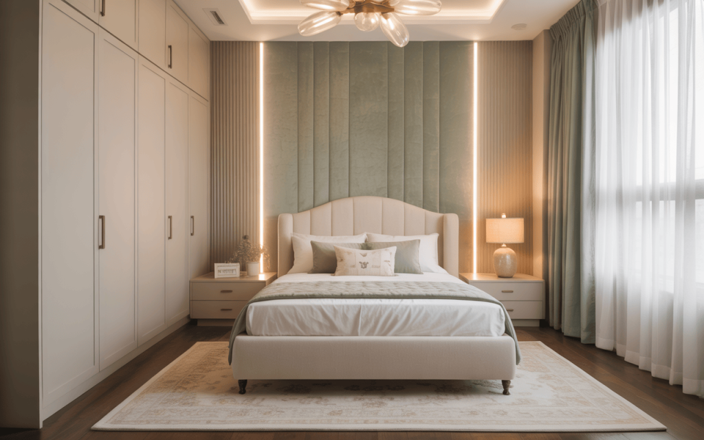 Elegant luxury modern kids bedroom design with soft lighting and pastel accents