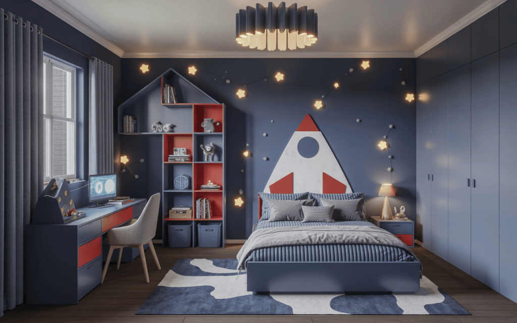 Creative modern kids bedroom design for boy with rocket theme and study zone