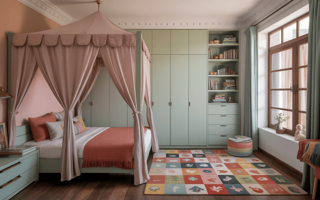 Charming modern kids bedroom design for girl with canopy bed and pastel storage